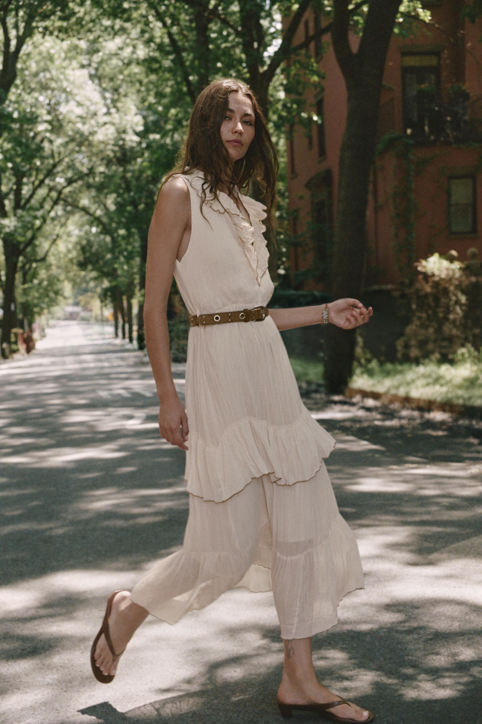 BELTED RUFFLED MIDI DRESS